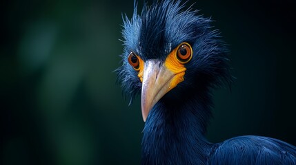 Fototapeta premium A tight shot of a blue bird against a black backdrop, its yellow beak contrasting sharply; the background subtly blurred