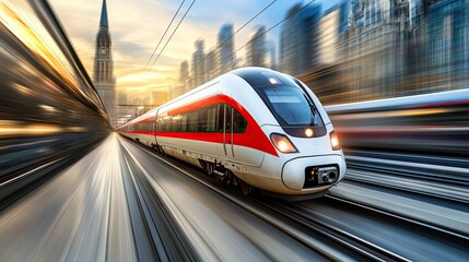 Modern electric trains speeding through vibrant urban cityscape.