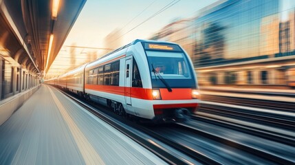 Fototapeta premium Modern electric trains speeding through vibrant urban cityscape.