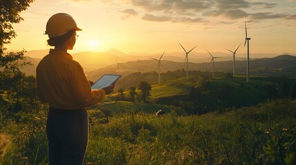 Wind turbine engineer reviewing environmental impact data on a tablet, surrounded by a green landscape with multiple turbines, natural sunlight casting a warm glow, detailed landscape and equipment,
