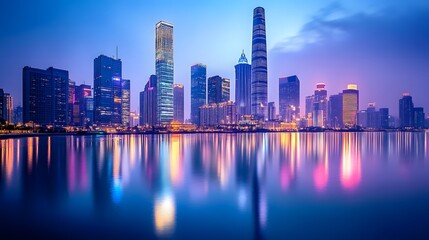 Fototapeta premium City skyline at dusk with glowing skyscrapers reflecting on a calm river, urban glowtime, serene and modern