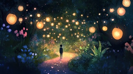 Child in magical forest filled with glowing lanterns and vibrant flowers at night