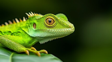 Fototapeta premium A tight shot of a green chameleon gazing at the camera perched on a leaf Background softly blurred