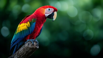 Obraz premium A vibrant parrot sits atop a tree branch against a backdrop of lush, green leaves The surrounding trees softly blur in the distance