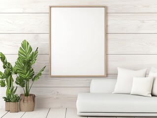 Minimalist living room with blank framed mockup poster, potted green plants and white sofa.