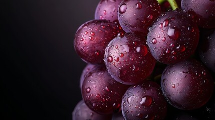  A tight shot of juicy grapes with dewdrops on their summits, against a dark backdrop