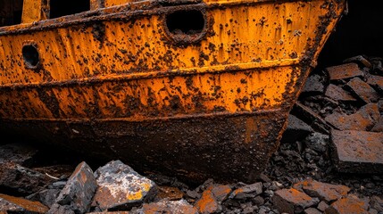  An old, rusted yellow boat atop a rocky mound A separate pile of rocks nearby