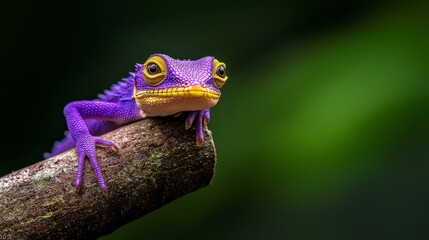  A tight shot of a vibrant purple and yellow lizard perched on a branch against a softly blurred backdrop of green foliage