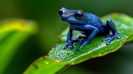 Fototapeta premium A blue frog sits atop a wet, green leaf above a plant Droplets of water cling to the leaf's edges