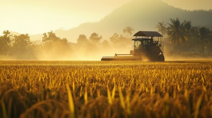 Fototapeta premium A South Asian agriculture harvester in a field of rice with copy space. No people