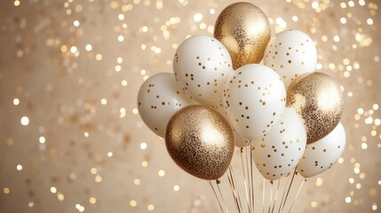 Gold and white balloons with sparkling confetti Generative AI