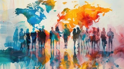 Silhouettes of diverse people standing together on a colorful world map background. A vibrant representation of global unity and connection.