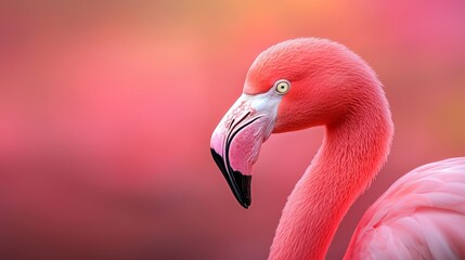  A tight shot of a pink flamingo against a softly blurred backdrop, featuring a pink sky