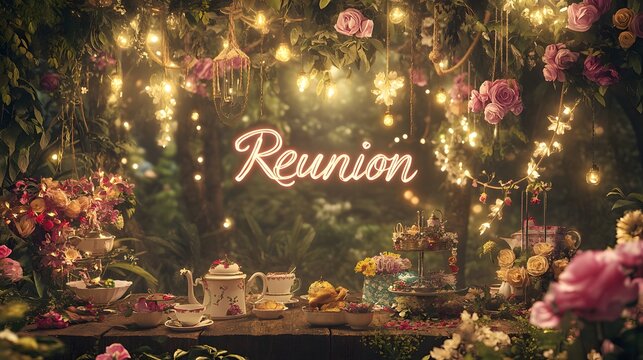 Text "Reunion" in whimsical, handwritten font, set against a backdrop of a garden tea party with floral decorations and fairy lights, soft, natural lighting creating a charming atmosphere, realistic