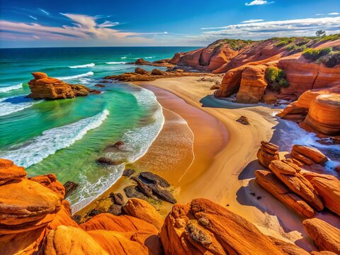 Sandy beach with rocky outcrops, turquoise waters, red rock formations stretching across rust-hued dunes drifts gently
