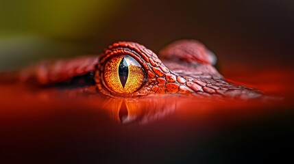 Fototapeta premium A tight shot of a red alligator's eyeball against a dark backdrop of black and red Background softly blurred