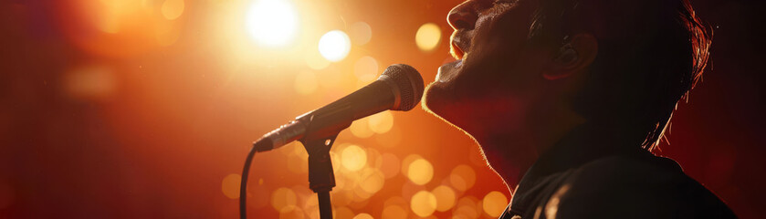 Singer on stage, clutching microphone, tear-streaked face, spotlight, dramatic shadows, close-up, high emotional impact, concert atmosphere