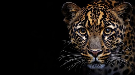 Fototapeta premium A tight shot of a leopard's visage against a black backdrop, its features softly obscured by a hazy blur