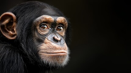  Close-up of a monkey's face, gazing intently at the camera against a black backdrop