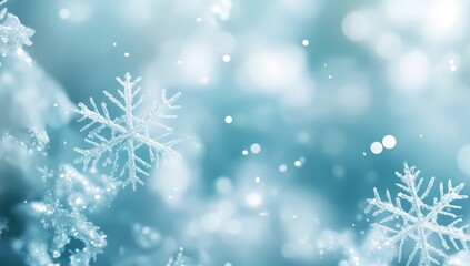 Festive winter snow background with snowdrifts, silver decorative snowflake with beautiful light and snow flakes on blue sky