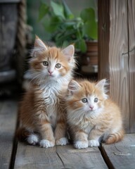 Obraz premium Cute kittens with orange and white fur, sitting on a wooden floor, soft lighting enhancing their features, eyelevel angle, cozy and warm environment