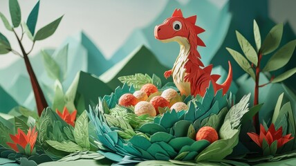 Fototapeta premium A whimsical paper craft dinosaur surrounded by colorful eggs in a vibrant, leafy environment.
