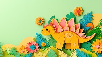 Colorful paper dinosaur surrounded by vibrant foliage and flowers, perfect for children's decor or educational materials.