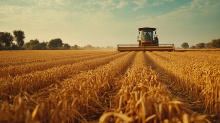 Naklejka premium South Asian grain harvester working on a farm, no people, copy space