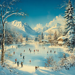 A picturesque winter landscape featuring a frozen lake where people are ice skating