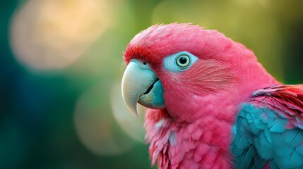 Fototapeta premium A tight shot of a pink-blue bird against blurred treebackground