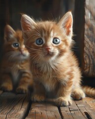 Obraz premium An adorable orange and white kittens on a wooden floor, playful expressions, soft lighting enhancing their fur, eyelevel perspective, cozy and inviting scene