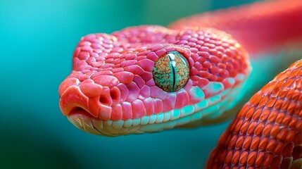  A tight shot of a snake's head, its lower half adorned with alternating blue and red bands