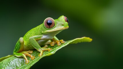 Obraz premium A tight shot of a frog perched on a green leaf against a softly blurred background of intermingling foliage