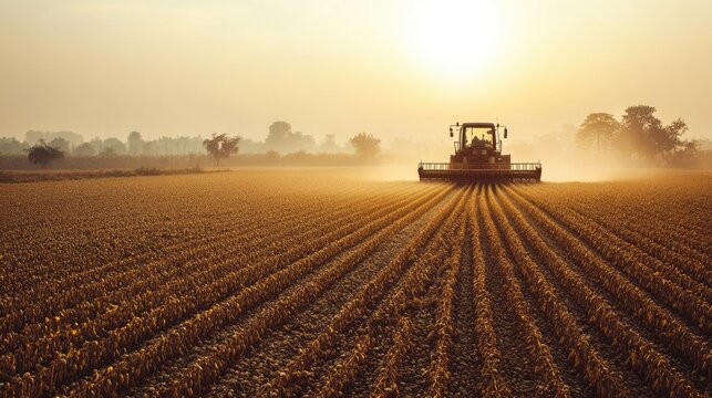 South Asian machinery for harvesting pulses in a field, no people, copy space