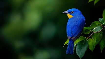  A blue bird perched on a green tree branch against a backdrop of foliage