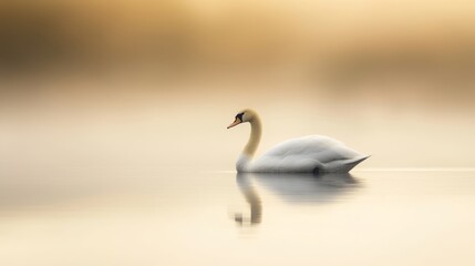  A white swan floats atop a tranquil lake against a backdrop of yellow and brown hues The water mirrors its purity with a gentle, light reflection