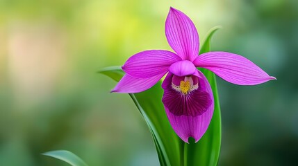  A tight shot of a purple bloom atop a verdant stem against softly blurred greenery of trees and shrubs