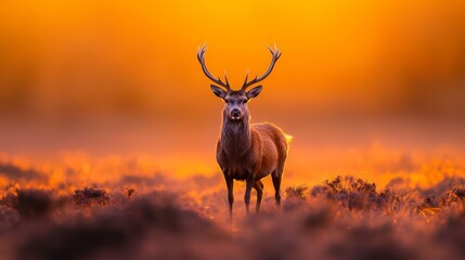  A deer stands in a field of green grass beneath a yellow sky