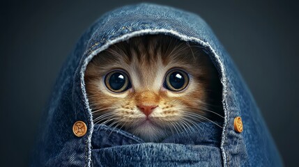  A tiny kitten pokes its head from a pair of blue jeans, revealing a hole in the pocket's bottom