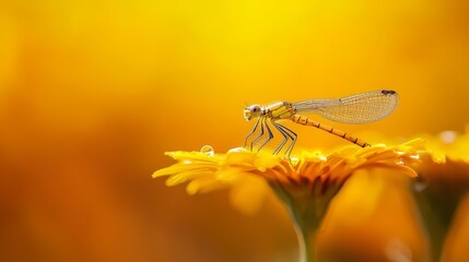 Naklejka premium Dragonfly atop yellow flower against bright background, water on petals