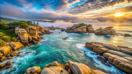 Obraz premium Serene coastal scenery featuring a picturesque rocky shoreline, turquoise ocean, and unique sandstone formations at