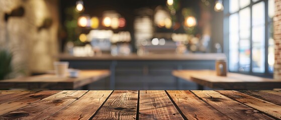 Blurred coffee shop and restaurant interior background with empty wooden table