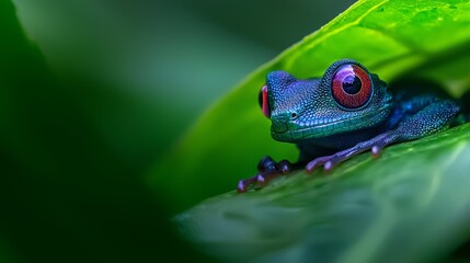 Obraz premium A blue-red frog sits atop a verdant leaf, dotted with water droplets under the sunny sky