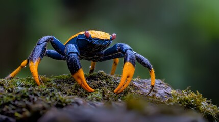 Fototapeta premium A tight shot of a blue-yellow crab on mossy terrain against softly blurred tree backdrop