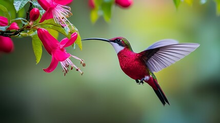  A hummingbird at a pink flower amidst green foliage, and a blurred hummingbird figure in the foreground