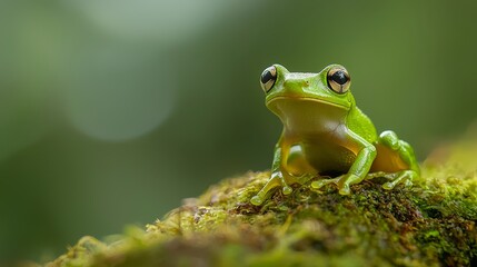 Naklejka premium A close-up of a frog on a mossy surface with a blurred background