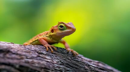 Obraz premium A tight shot of a small lizard perched on a tree branch, surrounded by an out-of-focus backdrop of foliage and grass