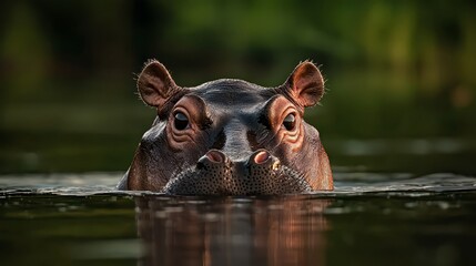  A tight shot of a hippo's head emerging from a water body