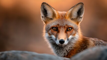 Fototapeta premium A red fox in focus, gazes directly at the camera, while its background softly blurs