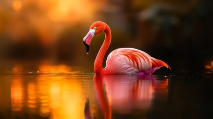 Fototapeta premium A pink flamingo atop a lake, mirror-reflecting its head in the water